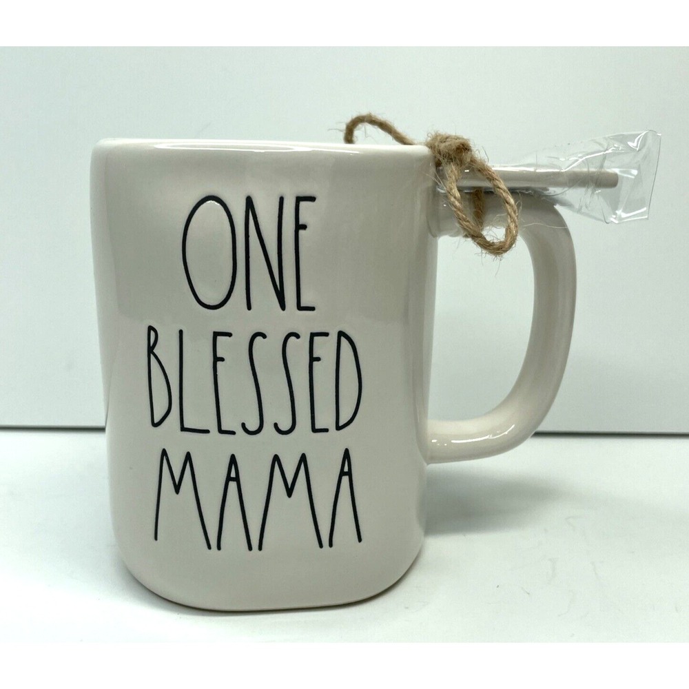 Rae Dunn ONE BLESSED MAMA Ceramic Mug  w/ Heart Charm/Ornament Mother's Day Gift